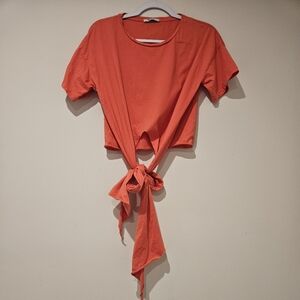 Zara Pink Crop Tie-Front Short Sleeve Tee